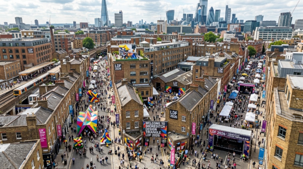 Aerial view of the Shoreditch Design Triangle neighbourhood filled with creative studio events and street installations for LDF 2026