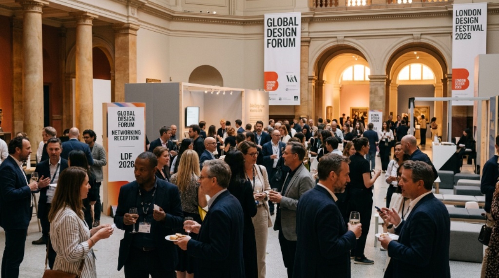 Designers and industry professionals networking at the Global Design Forum inside the V&A during London Design Festival 2026
