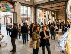 Visitors exploring contemporary design installations during Paris Design Week 2026 in the Marais district