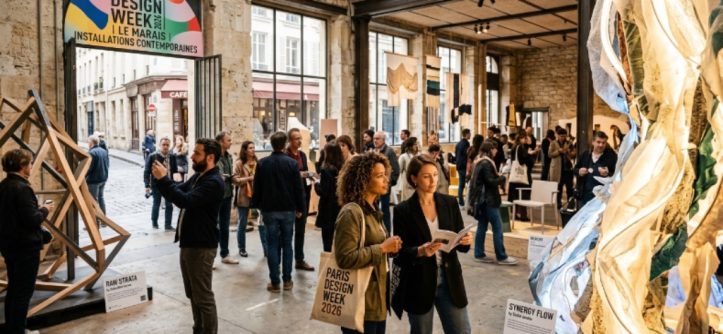 Visitors exploring contemporary design installations during Paris Design Week 2026 in the Marais district