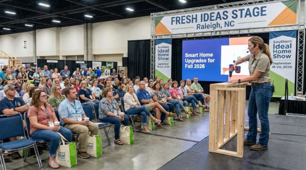 A home improvement expert delivering a live demonstration on the Fresh Ideas Stage to an audience of Raleigh homeowners during the Southern Ideal Home Show fall edition in September 2026