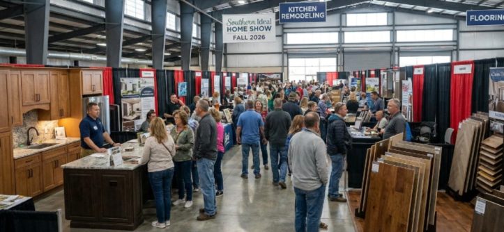 Homeowners browsing kitchen remodeling and flooring exhibitor booths inside the North Carolina State Fairgrounds Exposition Center during the Southern Ideal Home Show Fall 2026 in Raleigh