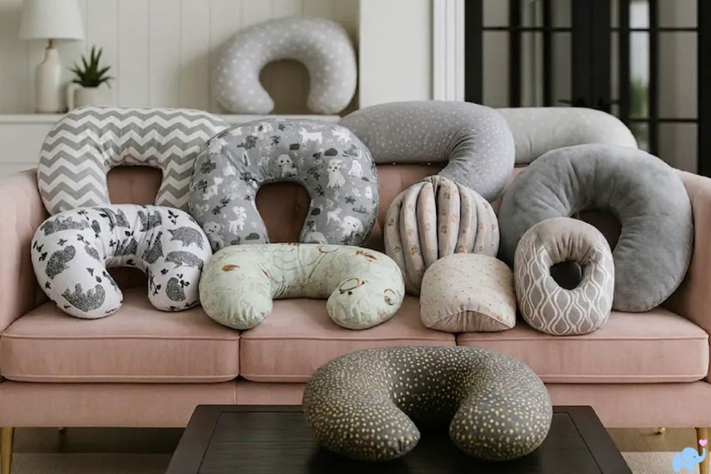 Close-up of ergonomic nursing pillow supporting baby during breastfeeding