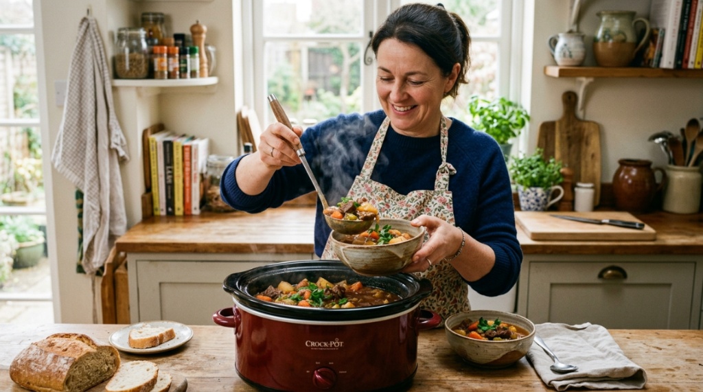 Ladle scooping hot beef stew out of an electric ceramic slow cooker.