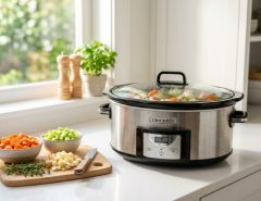 Modern stainless steel slow cooker on a bright kitchen counter with fresh vegetables.