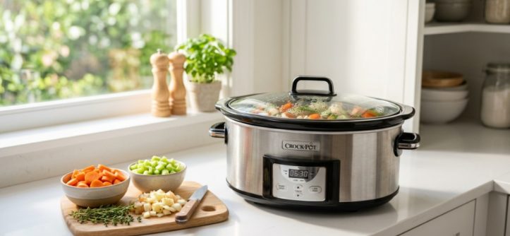 Modern stainless steel slow cooker on a bright kitchen counter with fresh vegetables.