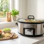 Modern stainless steel slow cooker on a bright kitchen counter with fresh vegetables.