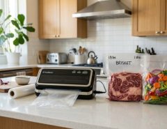 A compact vacuum sealer sitting on a kitchen counter next to sealed food bags.