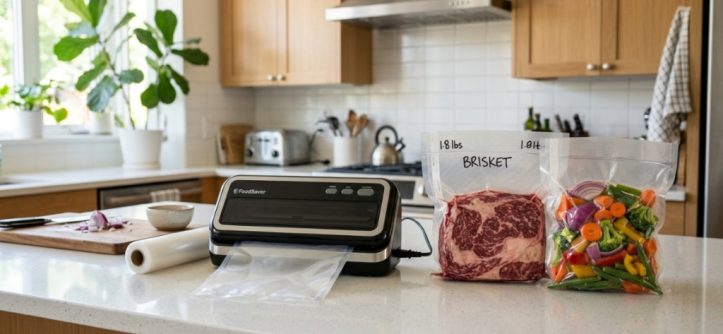 A compact vacuum sealer sitting on a kitchen counter next to sealed food bags.