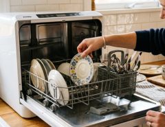 Sleek countertop dishwasher operating in a modern kitchen.