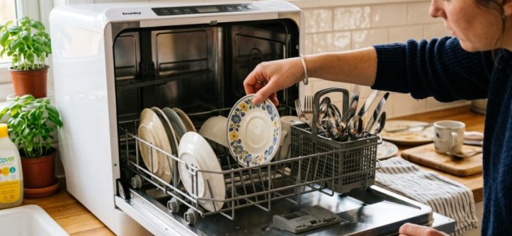 Sleek countertop dishwasher operating in a modern kitchen.