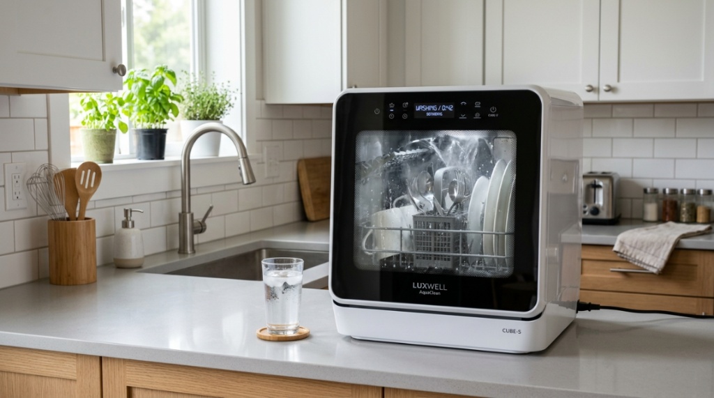 Two compact countertop dishwashers displayed side by side on a counter.