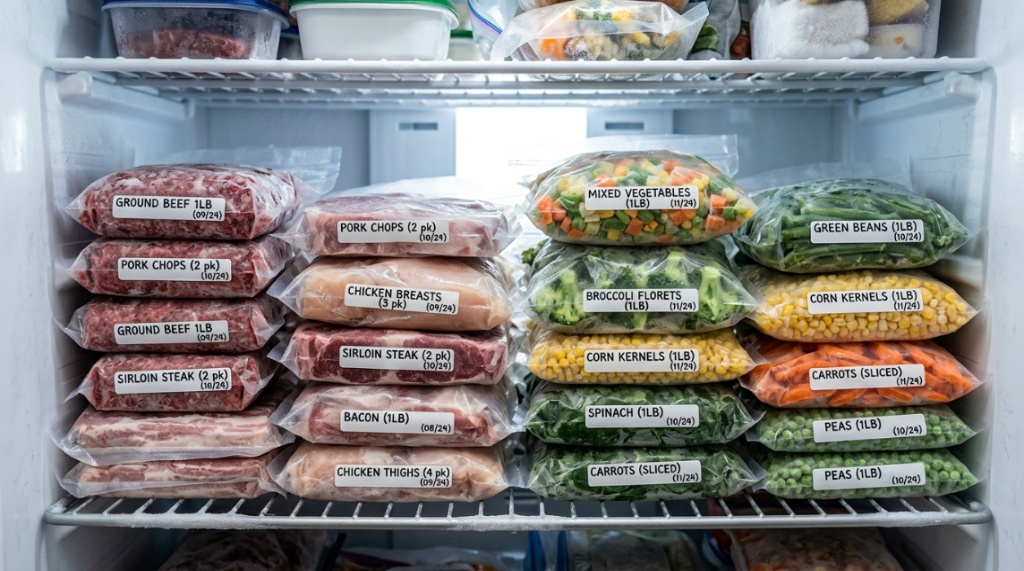 Stacked vacuum sealed bags of food organized neatly on a clean freezer shelf.