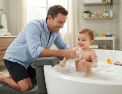 Father kneeling on a padded kneeler while bathing a toddler in a tub.
