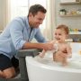 Father kneeling on a padded kneeler while bathing a toddler in a tub.