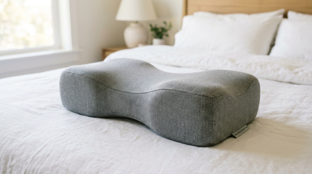 Close up of a contoured leg pillow relieving hip pressure.