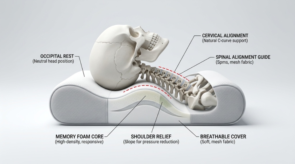 Side view of memory foam supporting proper neck alignment.