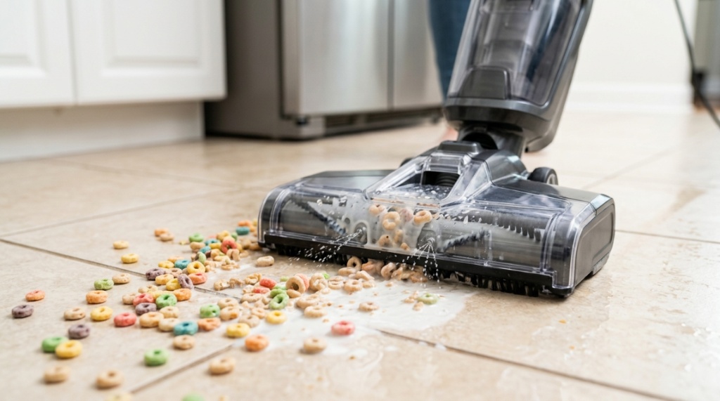 Close-up of wet dry vacuum suctioning kitchen floor.