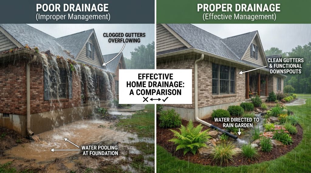 Gutters and roof drainage protecting a home