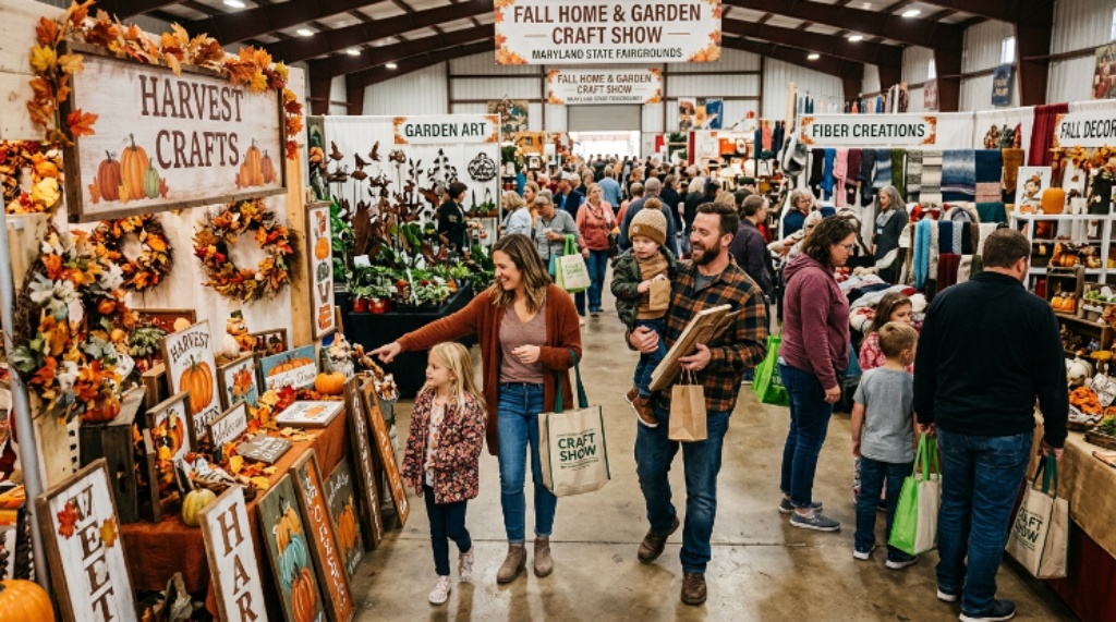 Families exploring vendor booths at the Maryland State Fairgrounds during the Fall Home and Garden Craft Show