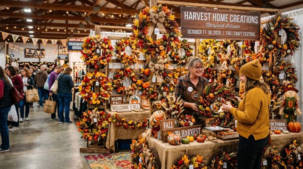Colorful autumn wreaths and seasonal decorations on display at an indoor Maryland craft show in October 2026