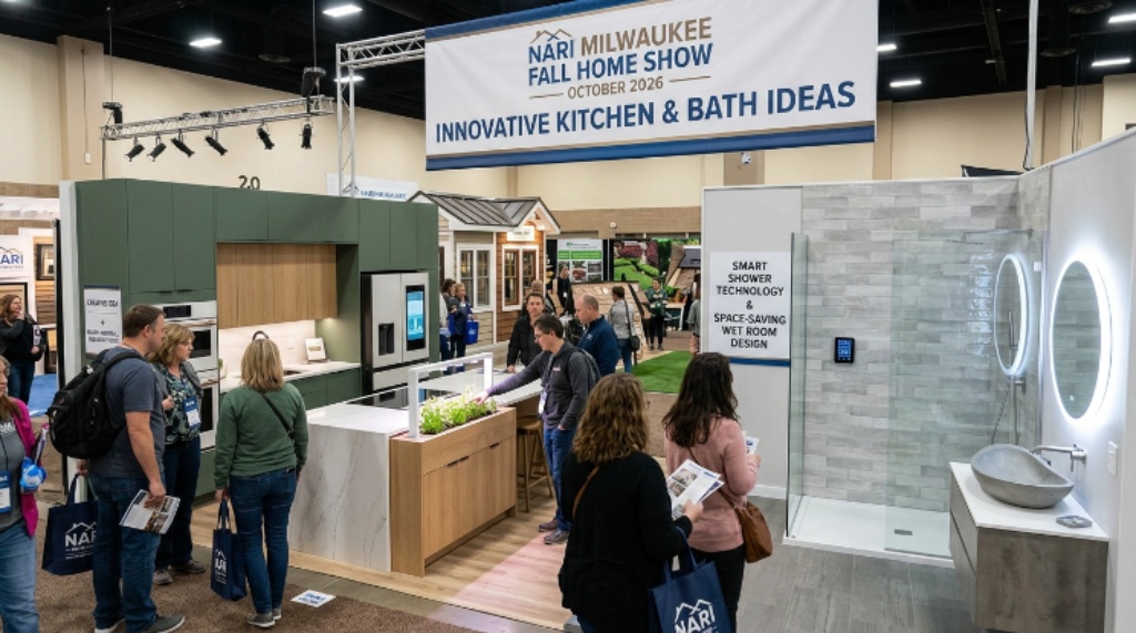 Visitors exploring home remodeling displays at the NARI Milwaukee Fall Home Show at Wisconsin State Fair Park Expo Center