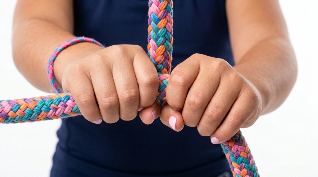 Close-up of a young girl's hands holding a colorful gymnastics training rope.