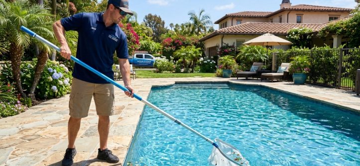 Professional skimming debris from a crystal-clear residential swimming pool.