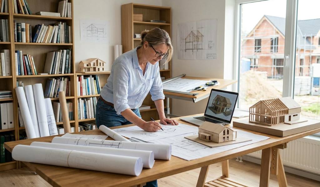 Blueprint review session between architect and homeowner