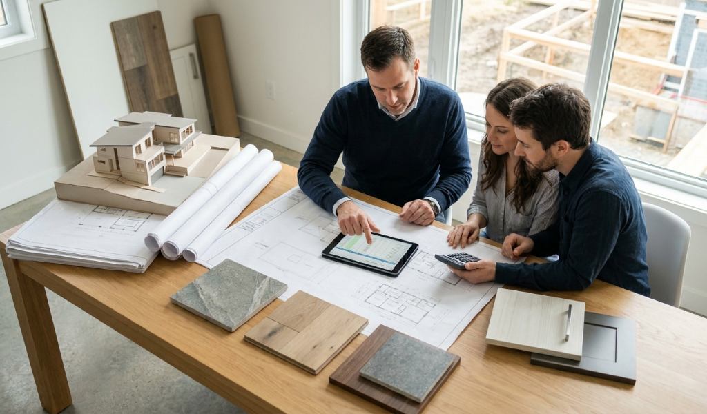Builder reviewing material costs on a job site