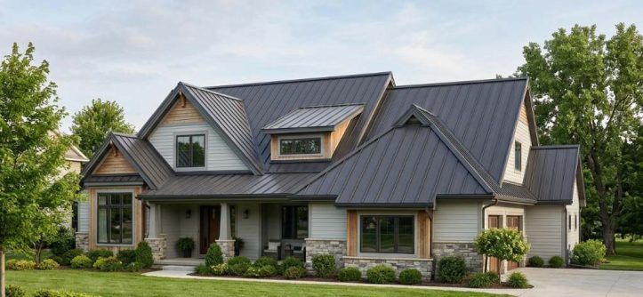Charcoal standing seam metal roof with clean vertical lines on a modern home