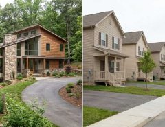 Custom home design blueprint next to production home plan
