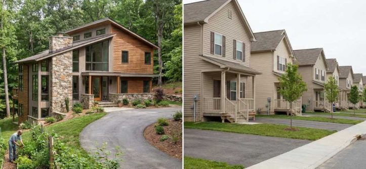 Custom home design blueprint next to production home plan