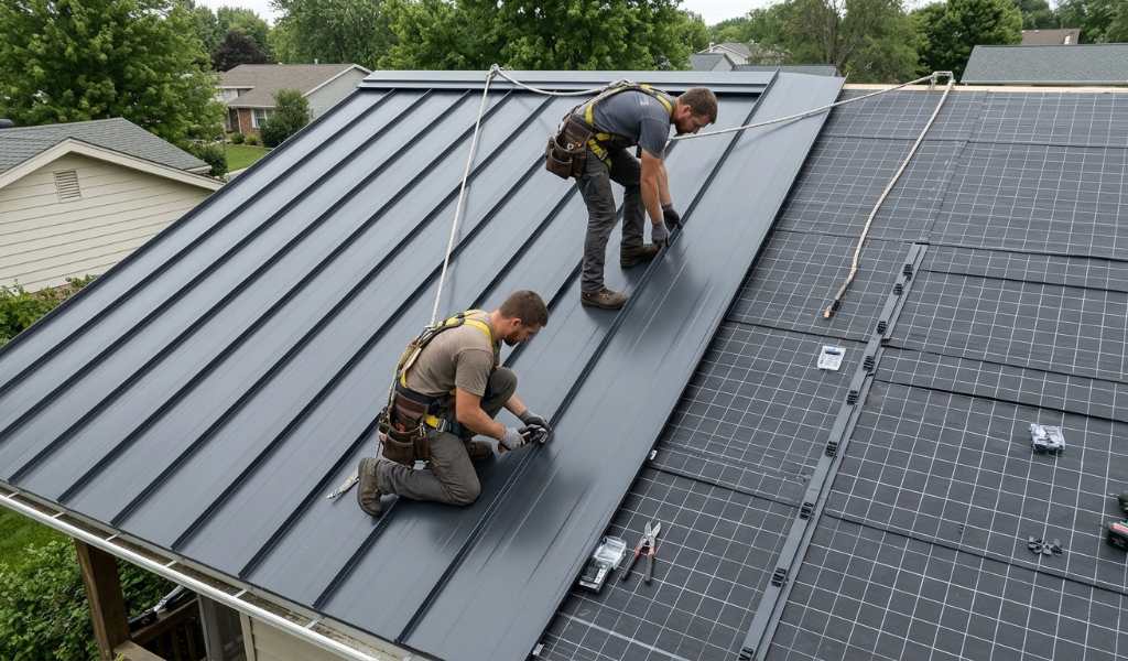 Finished metal roof with ridge cap and snow guards on a suburban home