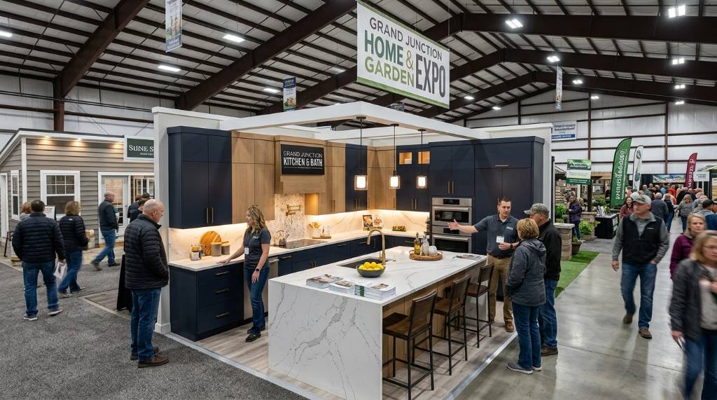 A modern kitchen display showcasing cabinetry and countertops at a home improvement expo in Grand Junction Colorado