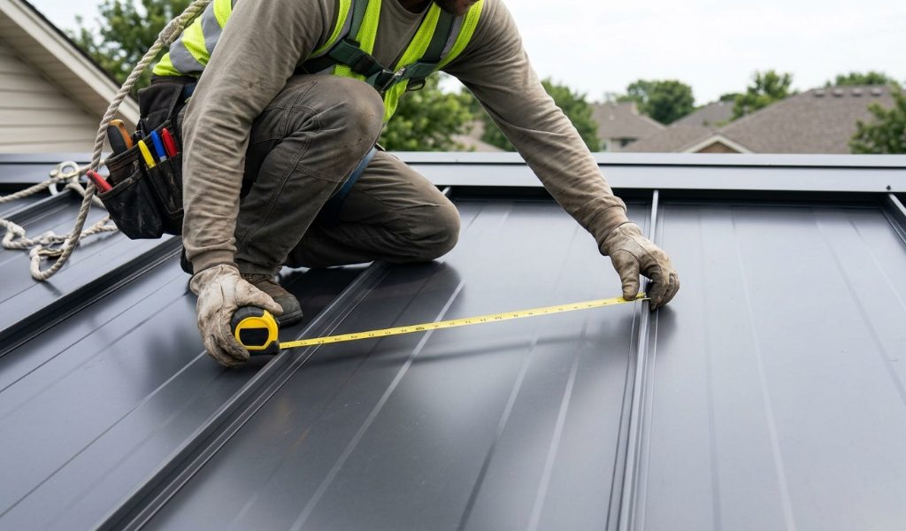 Installer checking panel width on a sloped metal roof