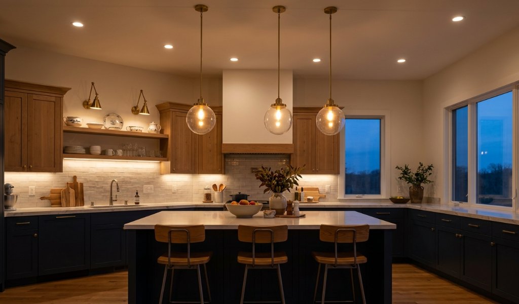 Kitchen lighting layout combining ambient, task, and accent lighting