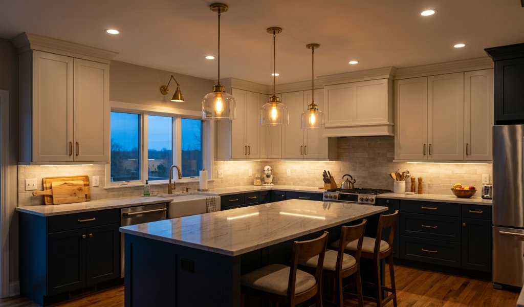 Modern kitchen ceiling light fixtures illuminating a contemporary kitchen