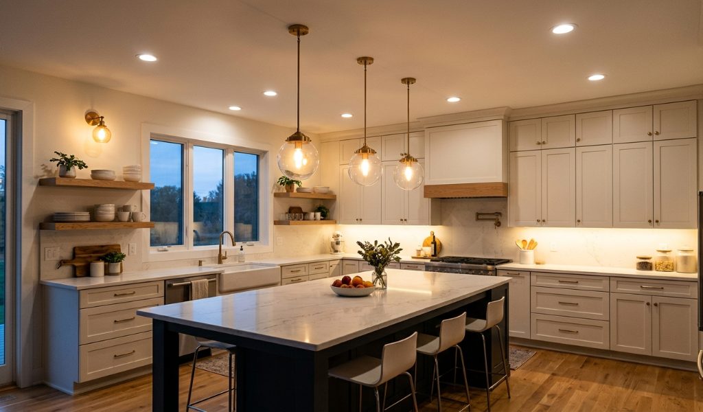 Pendant lights above a kitchen island with stylish interior design