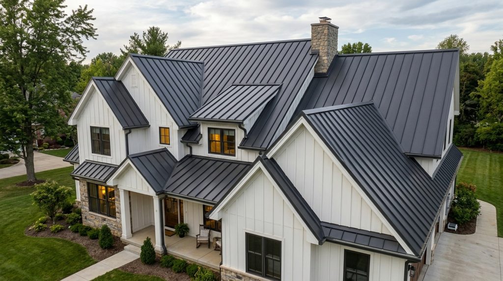 Roofing crew locking metal panels over concealed clips on a sloped roof