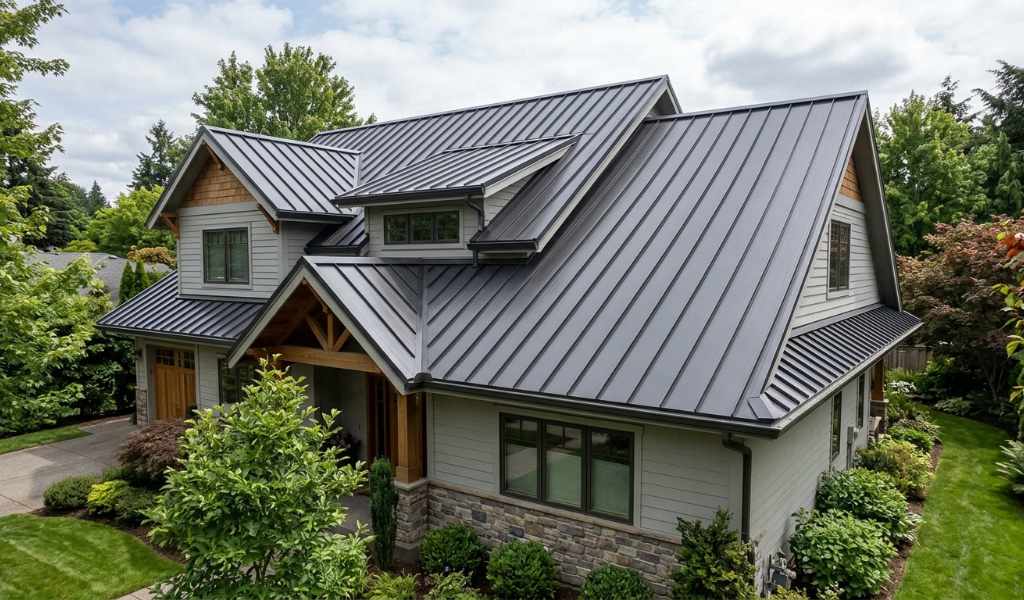 Roofing crew locking metal panels over concealed clips on a sloped roof
