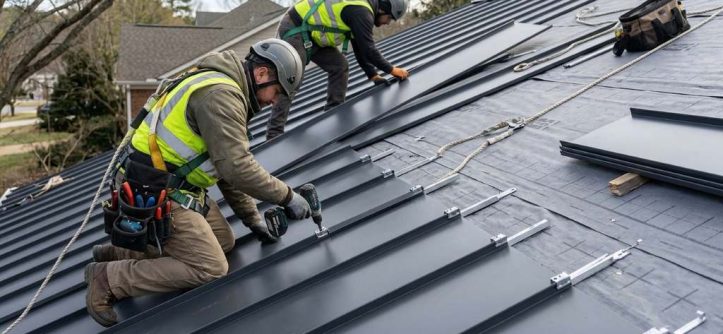 Roofing crew locking vertical metal panels together on a sloped roof
