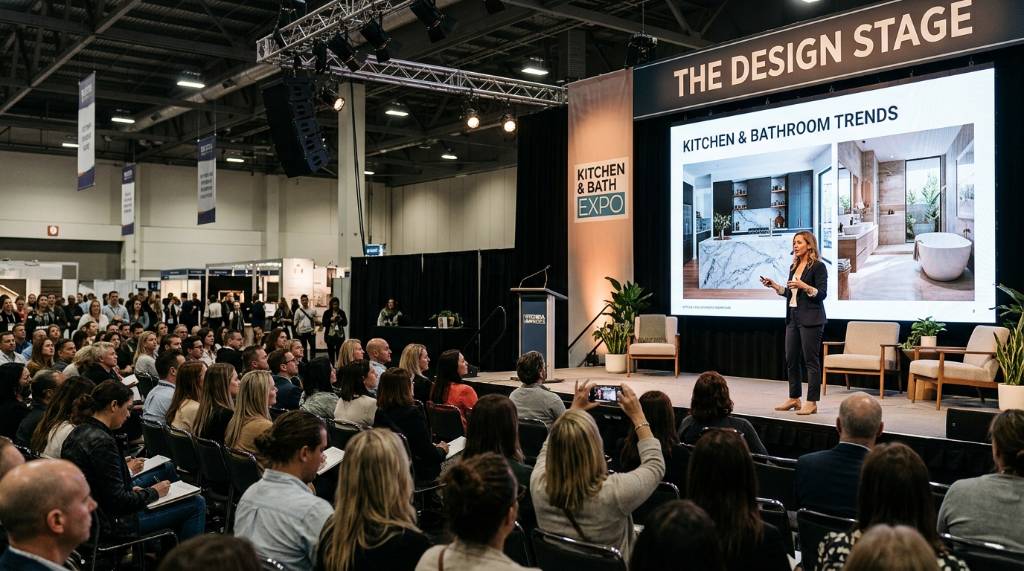 Design Stage speaker presenting kitchen and bath ideas to a seated audience