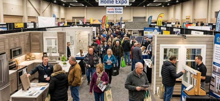 Homeowners browsing remodeling booths at a winter home show in Sandy, Utah