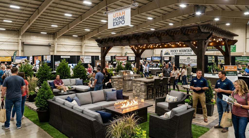 Outdoor living display with patio furniture and a fire feature at a Utah home expo