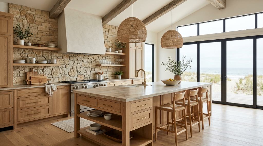 Modern coastal kitchen design with natural wood and stone