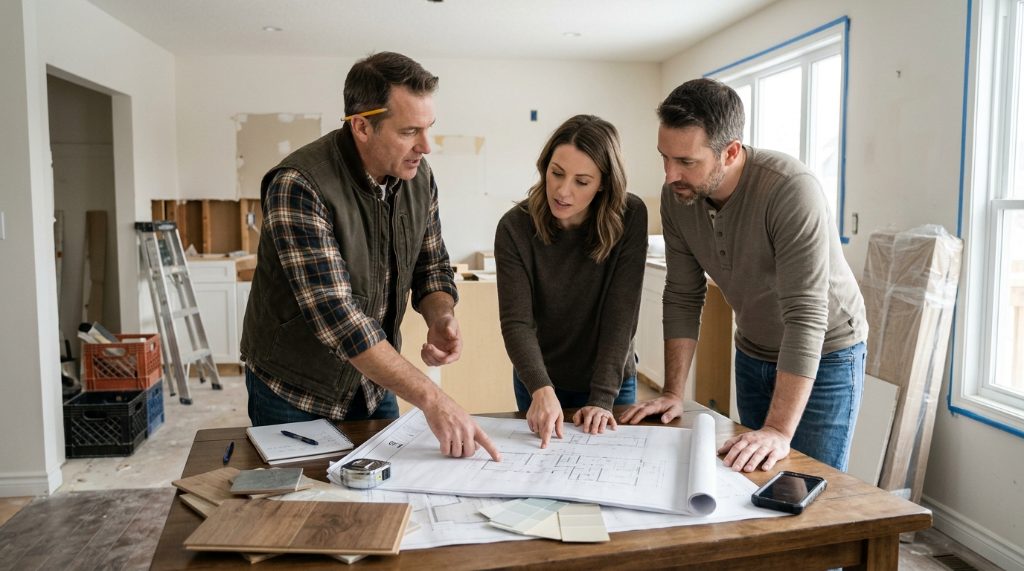 Homeowner talking with a contractor about a remodeling plan