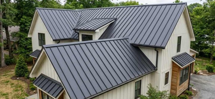 Stack of formed metal roof panels with raised seams on a job site