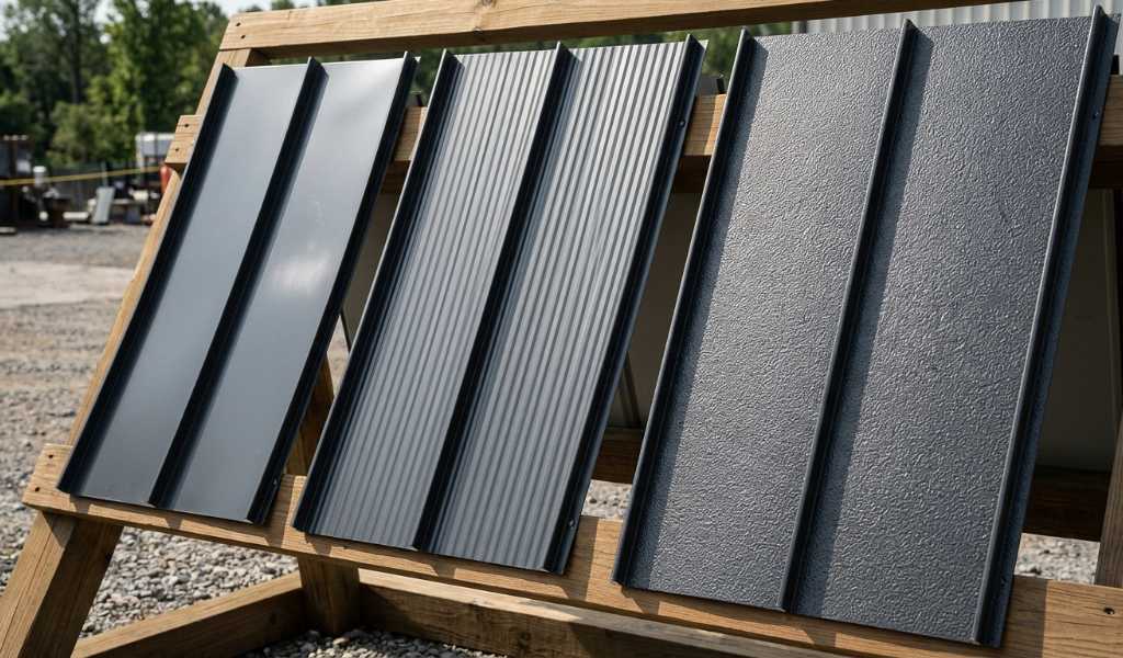 Stucco-embossed metal roofing sample beside a smooth sample