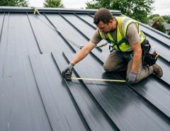 Tape measure held against a raised seam on a metal roof panel